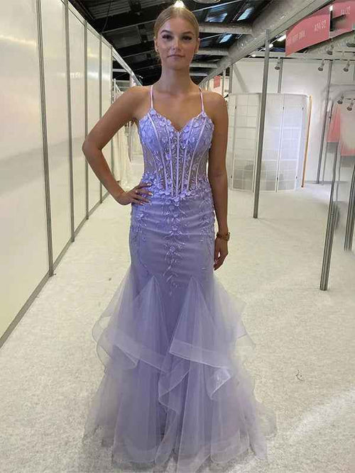 Lilac Mermaid Spaghetti Straps Ruffles Long Prom Dress with Appliques BMBRIDE
