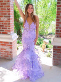 Purple Mermaid Spaghetti Straps Long Prom Dress with Appliques