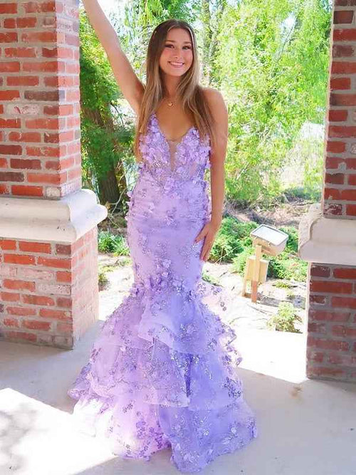 Purple Mermaid Spaghetti Straps Long Prom Dress with Appliques BMBRIDE