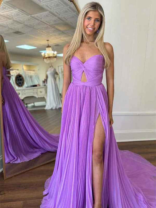 Lilac A Line Pleated Strapless Long Prom Dress with Slit BMBRIDE
