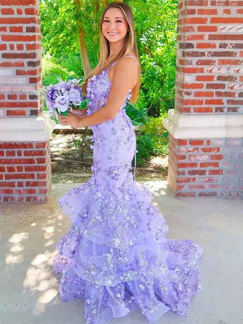 Purple Mermaid Spaghetti Straps Long Prom Dress with Appliques BMBRIDE