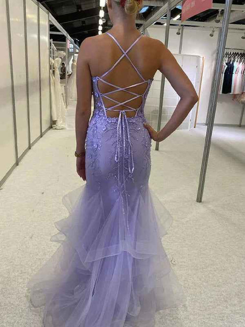 Lilac Mermaid Spaghetti Straps Ruffles Long Prom Dress with Appliques BMBRIDE