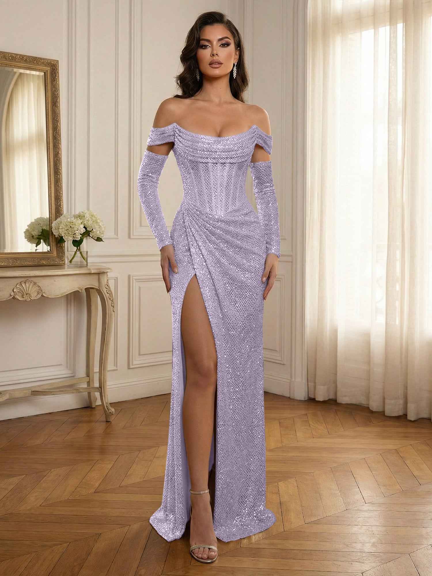 Glamorous Sequined Off-Shoulder Corset Bodice Long Prom Dress with High Slit
