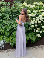 Blue A Line V-neck Beaded Back Tie Long Prom Dress