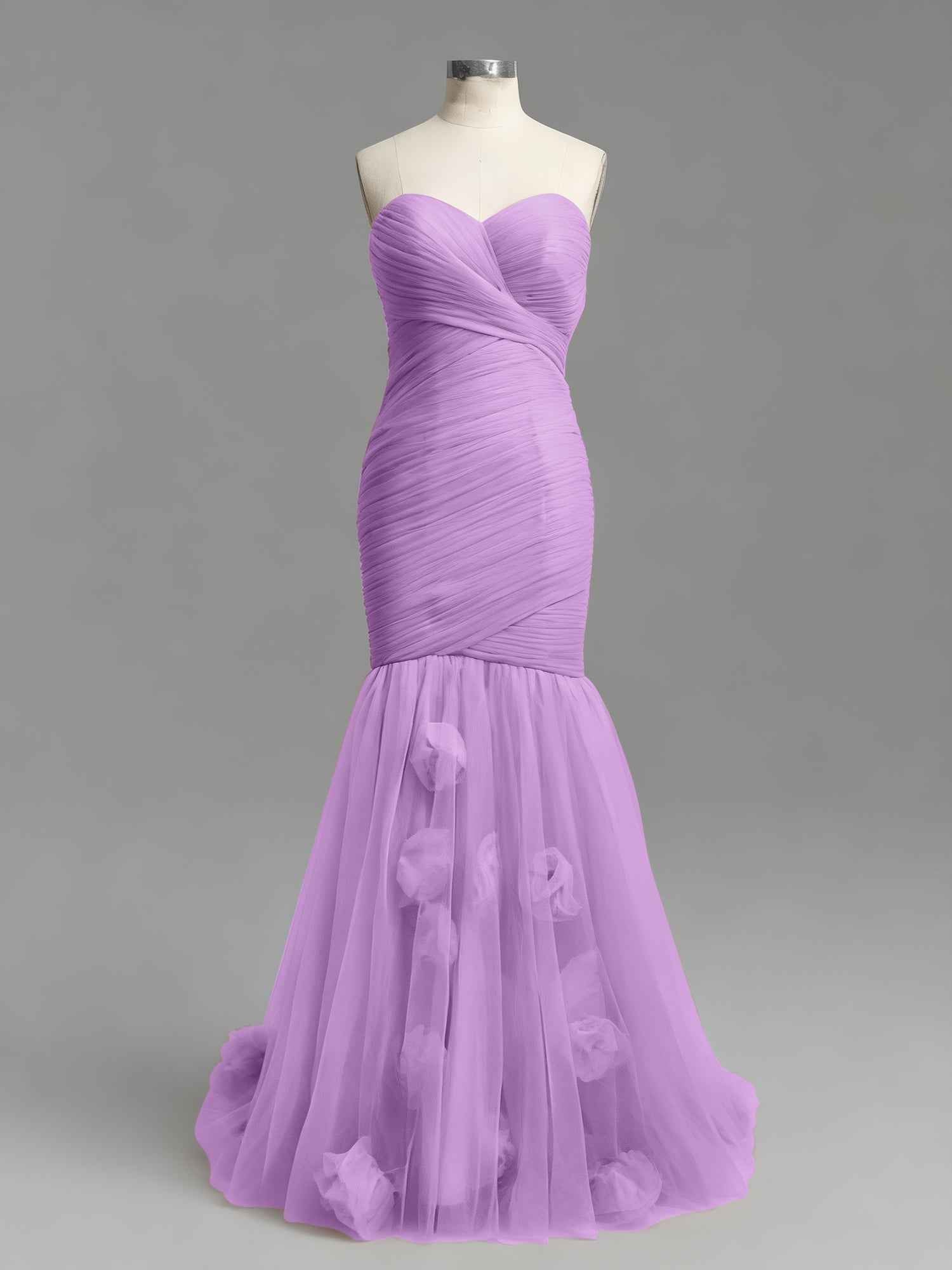 Dusty Rose Mermaid Strapless Ruched Tulle Prom Dress with 3D Floral