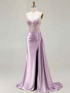 Lilac Beaded Corset Satin Long Prom Dress with High Slit