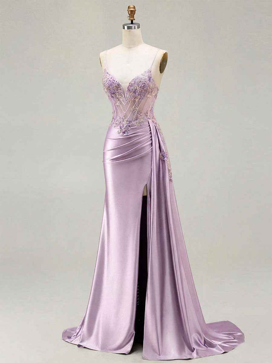 Lilac Beaded Corset Satin Long Prom Dress with High Slit