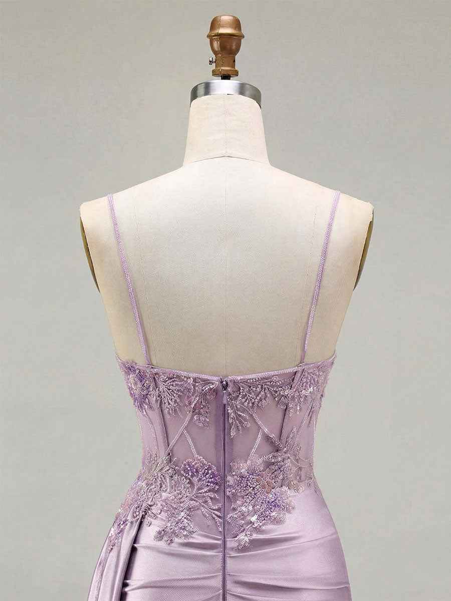 Lilac Beaded Corset Satin Long Prom Dress with High Slit
