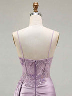 Lilac Beaded Corset Satin Long Prom Dress with High Slit