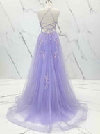 Lilac Floral Spaghetti Straps Embroidered Corset Long Prom Dress