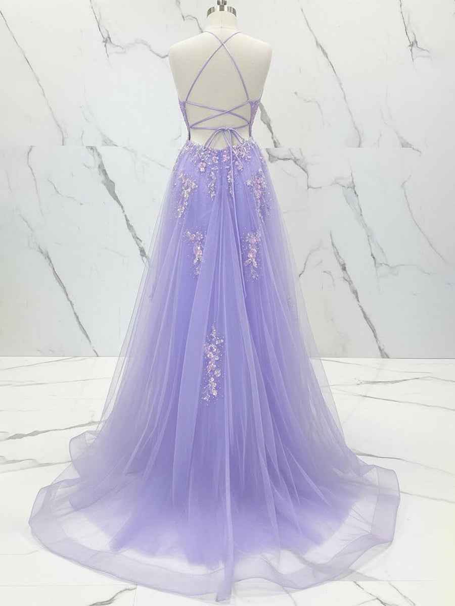Lilac Floral Spaghetti Straps Embroidered Corset Long Prom Dress