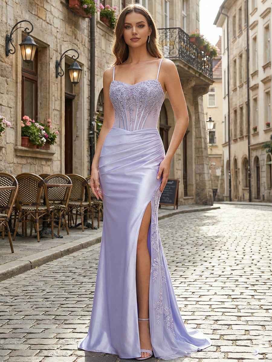Lilac Lace Appliqu¡§| Satin Corset Prom Dress with Slit