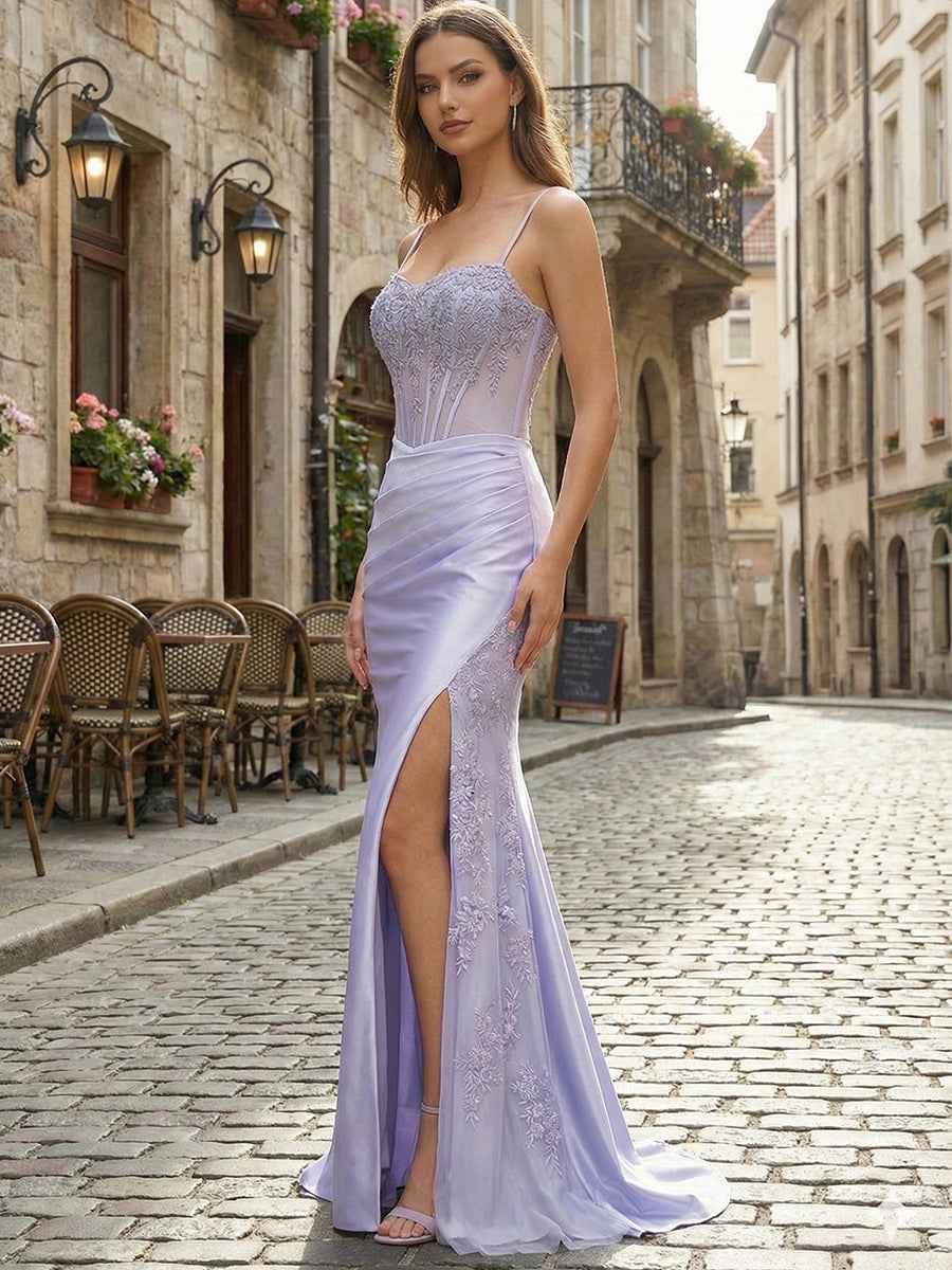 Lilac Lace Appliqu¡§| Satin Corset Prom Dress with Slit
