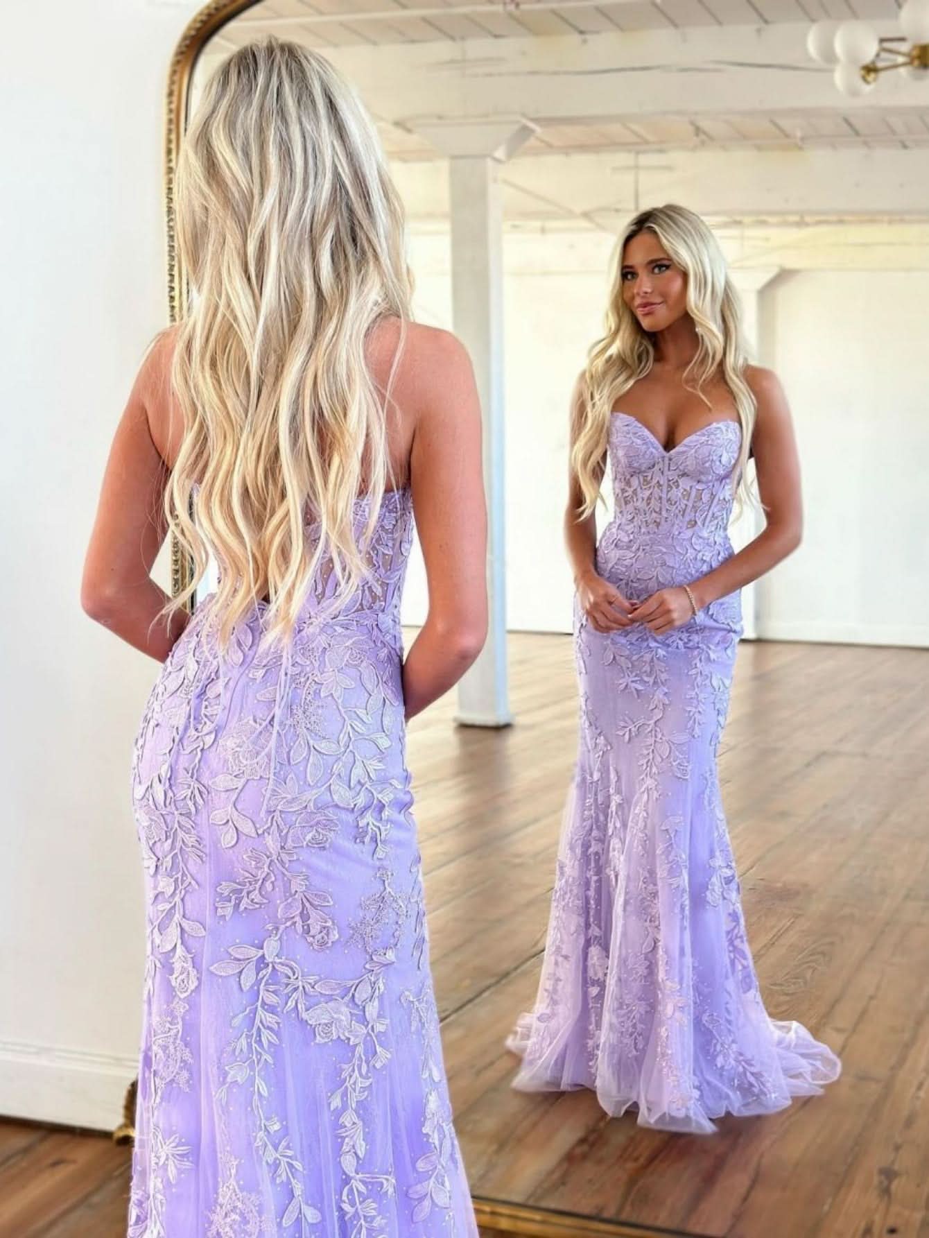 Glamorous Mermaid Strapless Lace Prom Dress with Appliques BM bride