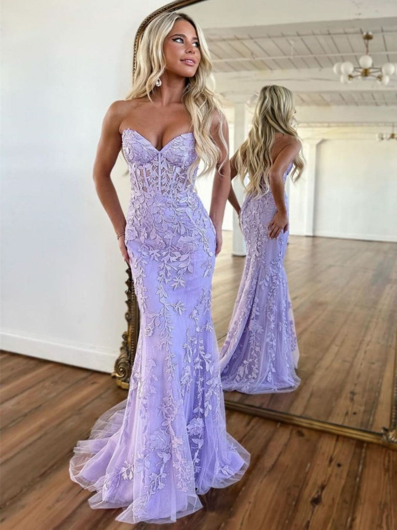 Glamorous Mermaid Strapless Lace Prom Dress with Appliques BM bride