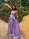 Lilac Metallic Strapless A-Line Prom Dress with Bow