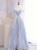 Lilac Off The Shoulder Sequins Ruffle Tulle Boho Prom Dress