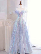 Lilac Off The Shoulder Sequins Ruffle Tulle Boho Prom Dress
