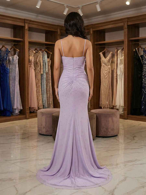 Lilac Ruched Spaghetti Straps Beaded Long Prom Dress with Slit BMBRIDE