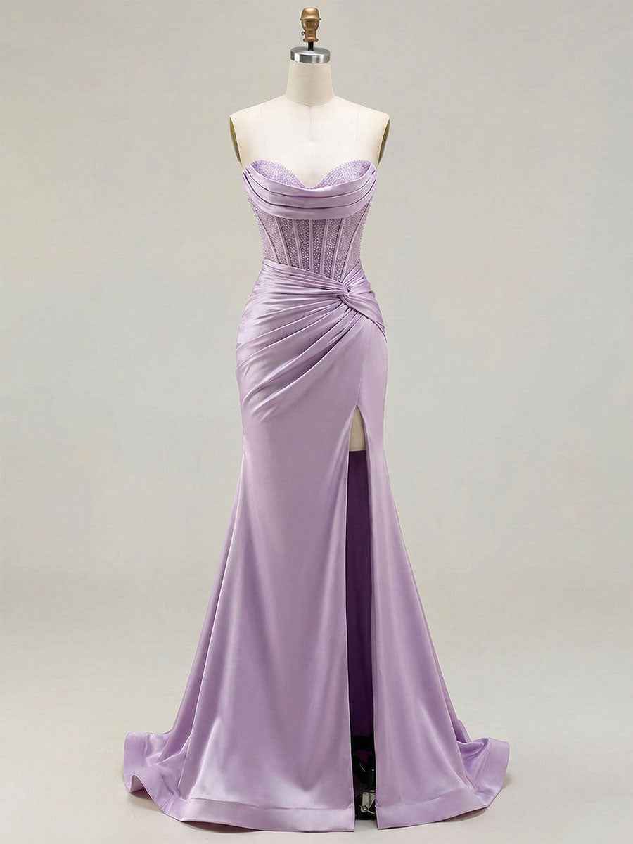 Lilac Satin Strapless Beaded Bodice Cowl Neck Corset Prom Dress