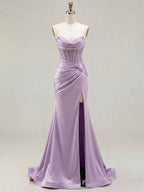 Lilac Satin Strapless Beaded Bodice Cowl Neck Corset Prom Dress