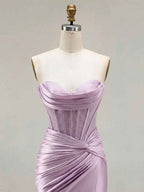 Lilac Satin Strapless Beaded Bodice Cowl Neck Corset Prom Dress