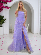 Lilac Strapless Sequin-Trimmed Tiered Ruffles Tulle Prom Dress with Slit