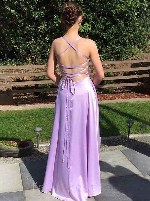 Lilac A-Line Spaghetti Strap Lace-up Back Satin Prom Dress BMBRIDE