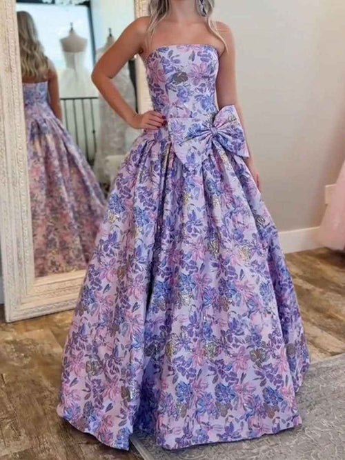 Lilac Floral A Line Strapless Long Prom Dress with Bow BMBRIDE