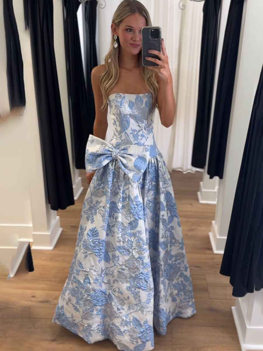 Lilac Floral A Line Strapless Long Prom Dress with Bow