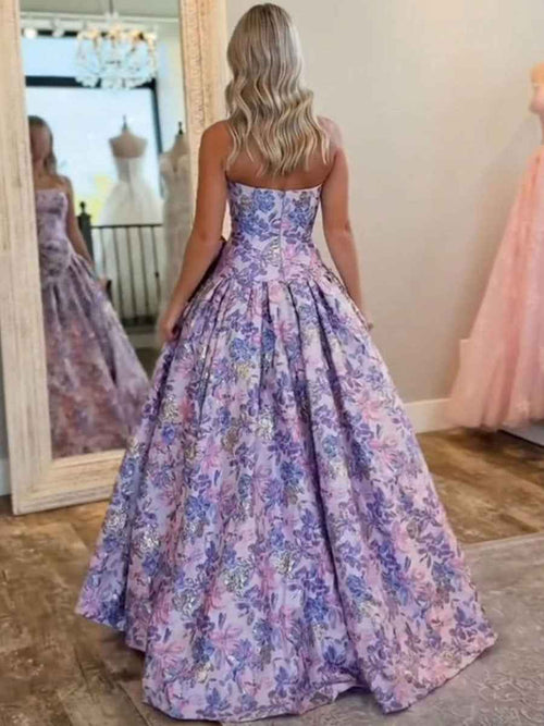 Lilac Floral A Line Strapless Long Prom Dress with Bow BMBRIDE