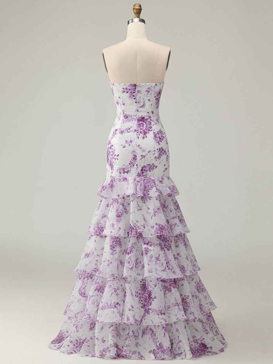 Flower Mermaid Strapless Tiered Print Long Prom Dress with Ruffles