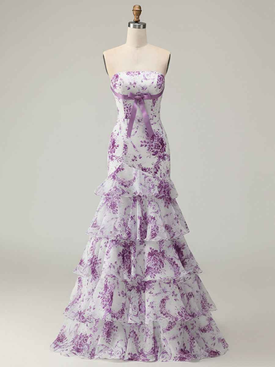 Pink Mermaid Flower Strapless Corset Tiered Tulle Long Prom Dress