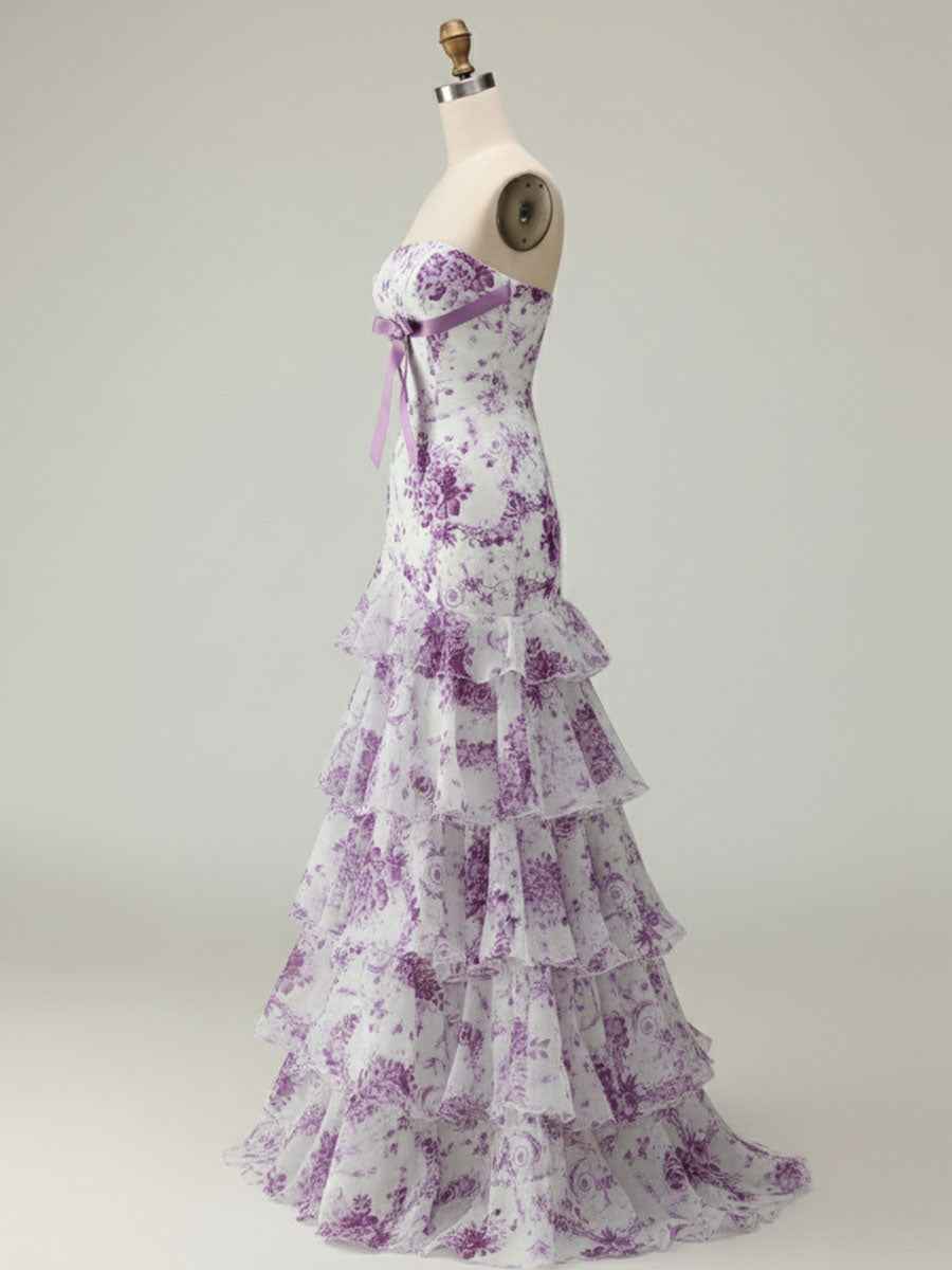 Pink Mermaid Flower Strapless Corset Tiered Tulle Long Prom Dress