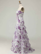 Pink Mermaid Flower Strapless Corset Tiered Tulle Long Prom Dress