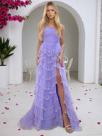 Glitter Light Blue A-Line Strapless Tulle Long Prom Dress with Ruffled Skirt