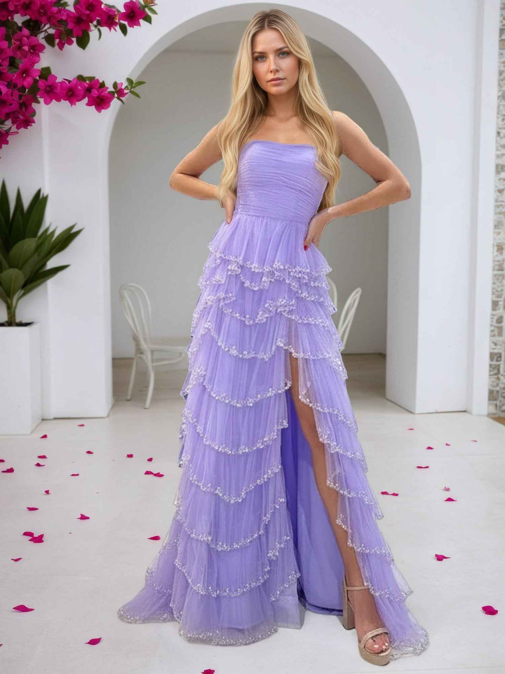 Glitter Light Blue A-Line Strapless Tulle Long Prom Dress with Ruffled Skirt