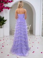 Glitter Light Blue A-Line Strapless Tulle Long Prom Dress with Ruffled Skirt