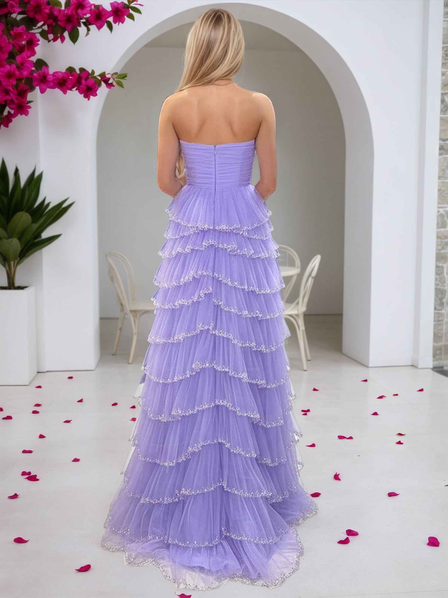 Glitter Light Blue A-Line Strapless Tulle Long Prom Dress with Ruffled Skirt