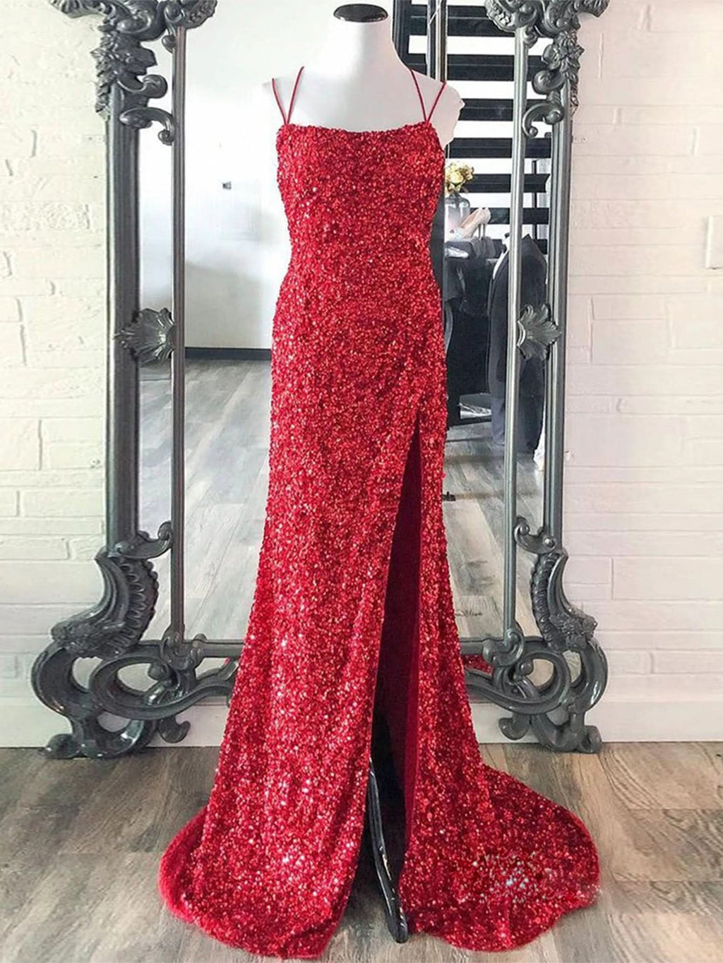 Gorgeous Mermaid V Neck Glitter Jersey Long Prom Dress with a Stylish Slit BM bride