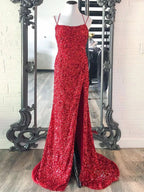 Gorgeous Mermaid V Neck Glitter Jersey Long Prom Dress with a Stylish Slit BM bride