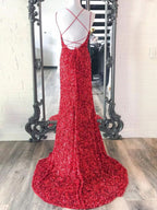 Gorgeous Mermaid V Neck Glitter Jersey Long Prom Dress with a Stylish Slit BM bride