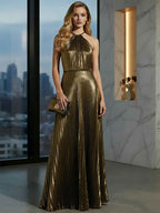 Luxurious Champagne-Gold Pleated Halter Long Prom Dress