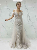 Luxurious Champagne Beaded Off-the-Shoulder Prom Dress with Tulle Train