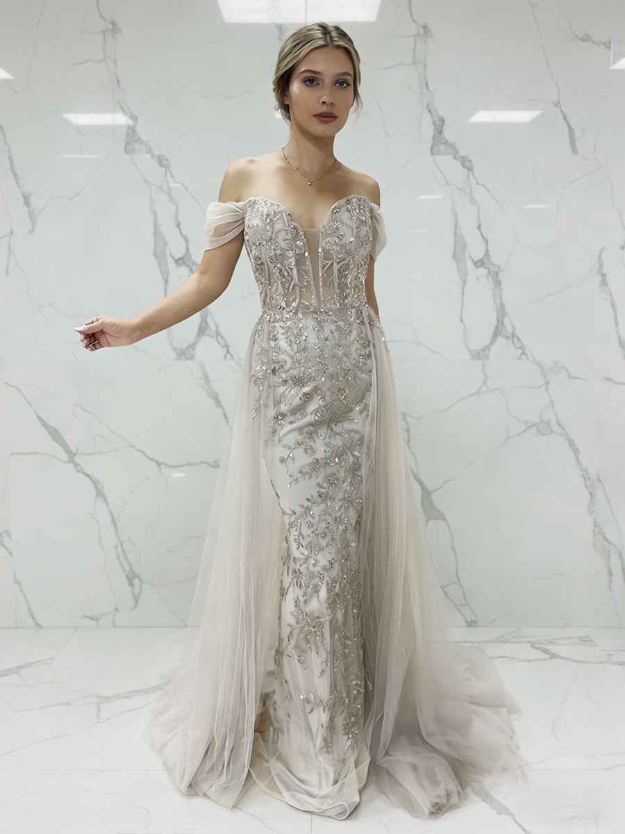 Luxurious Champagne Beaded Off-the-Shoulder Prom Dress with Tulle Train