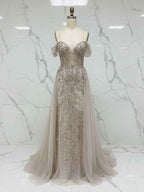 Luxurious Champagne Beaded Off-the-Shoulder Prom Dress with Tulle Train