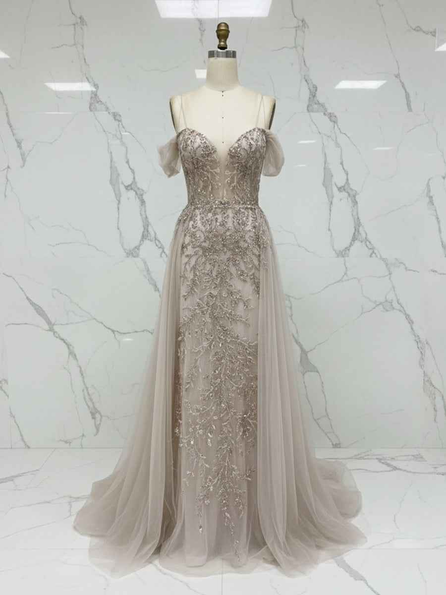Luxurious Champagne Beaded Off-the-Shoulder Prom Dress with Tulle Train