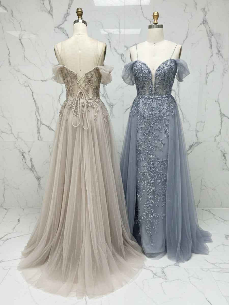 Luxurious Champagne Beaded Off-the-Shoulder Prom Dress with Tulle Train BMBRIDE