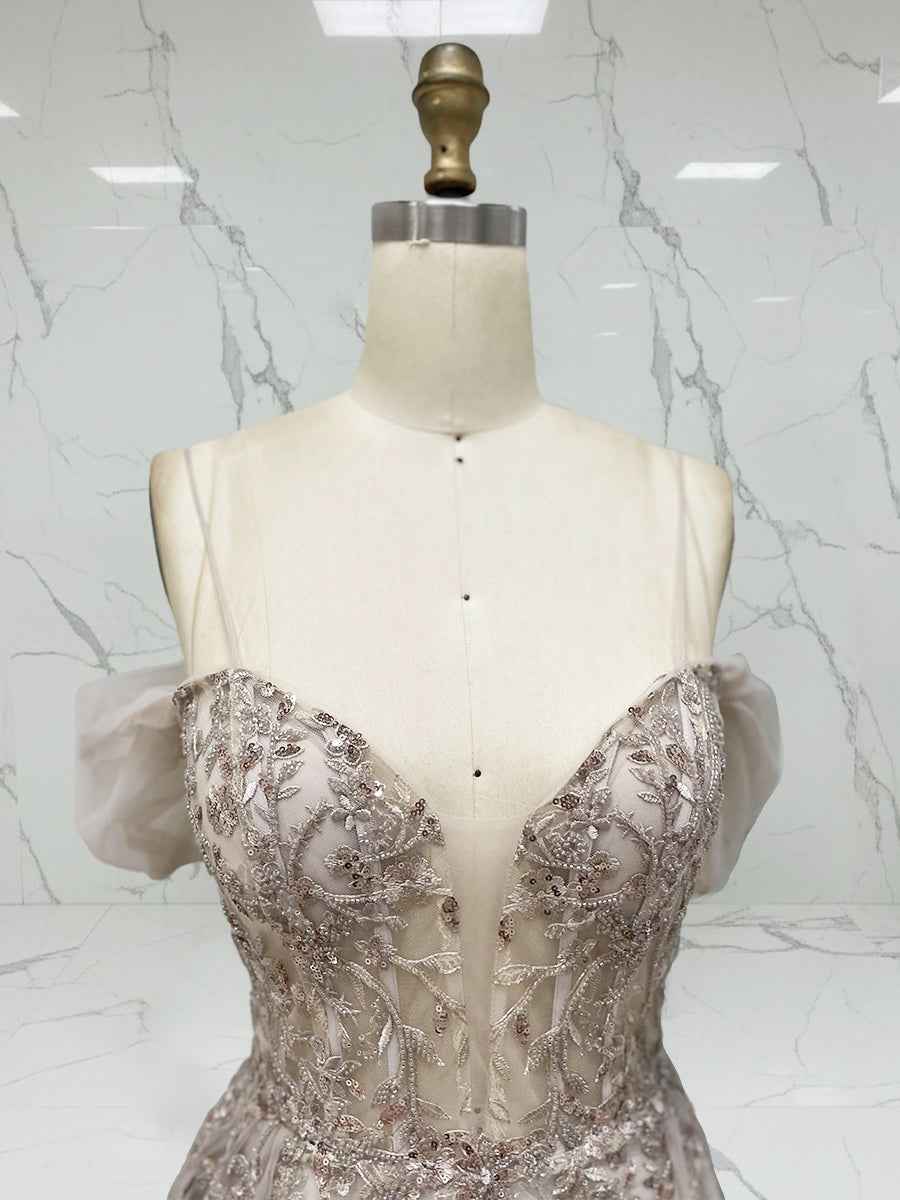Luxurious Champagne Beaded Off-the-Shoulder Prom Dress with Tulle Train