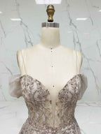 Luxurious Champagne Beaded Off-the-Shoulder Prom Dress with Tulle Train
